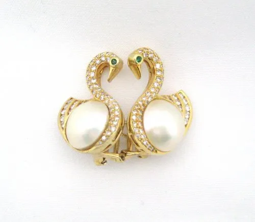 Graceful ~ Mabe Pearl Swan Earrings with Diamonds