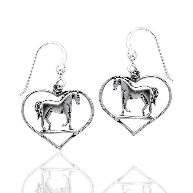 Graceful Standing Horse in Heart Sterling Silver Hook Pony Earrings