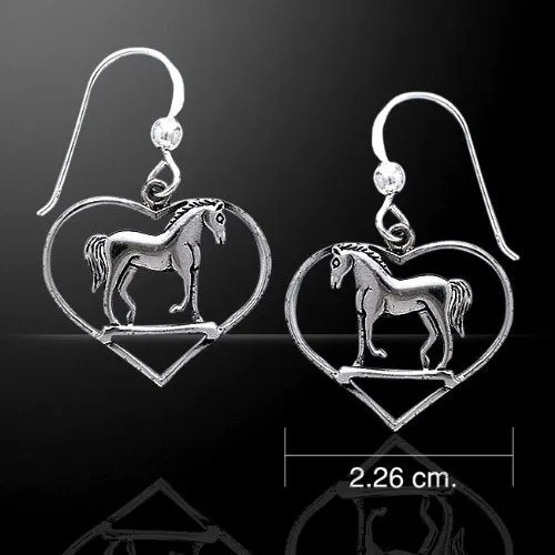 Graceful Standing Horse in Heart Sterling Silver Hook Pony Earrings