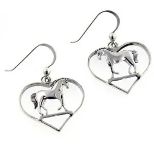 Graceful Standing Horse in Heart Sterling Silver Hook Pony Earrings
