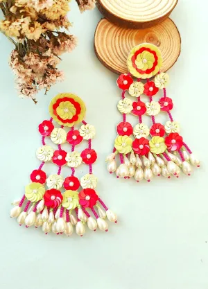 Graceful Summer Bloom: Pink-Yellow Floral Handmade Beaded Dangler Earrings