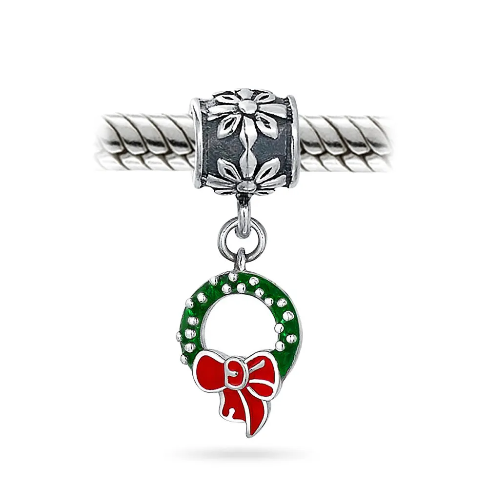 Green Wreath Christmas Charm Bead with Red Bow Enamel Silver for Bracelets