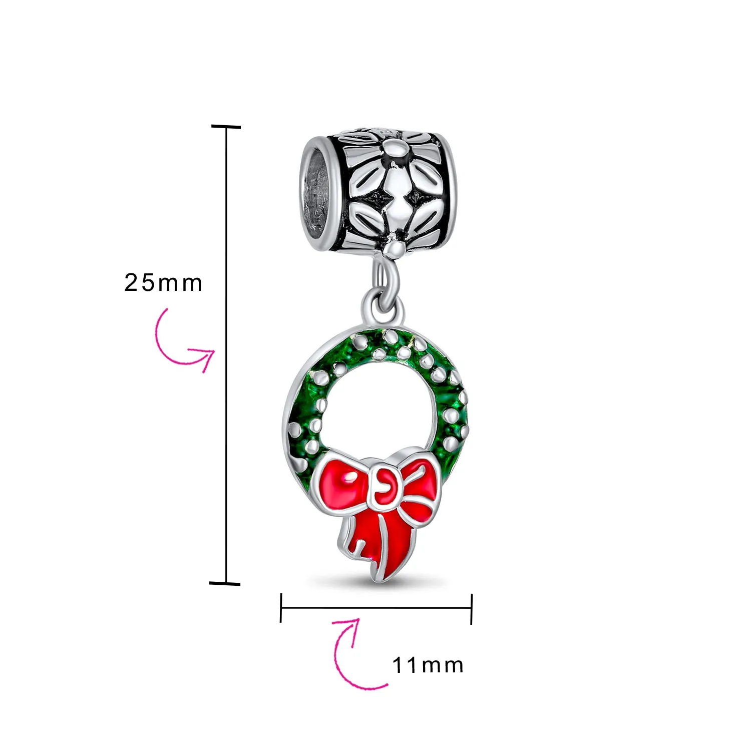 Green Wreath Christmas Charm Bead with Red Bow Enamel Silver for Bracelets