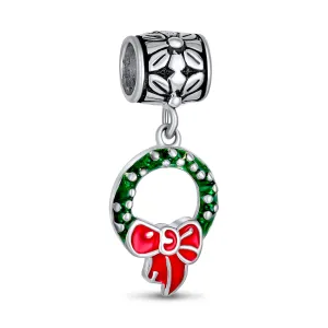 Green Wreath Christmas Charm Bead with Red Bow Enamel Silver for Bracelets