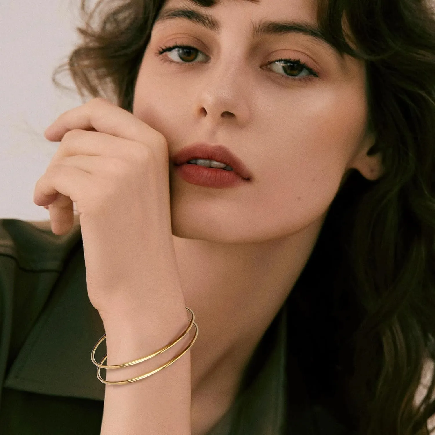 HAIAISO 2mm 14K Gold Plated Bracelet Stainless Steel Bangle Bracelet Stackable Thin Round Bangle Bracelet for Women Plain Polished Bracelet Couple Valentines Day Gifts