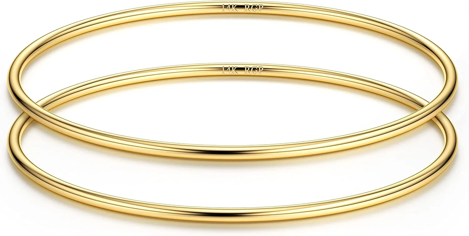 HAIAISO 2mm 14K Gold Plated Bracelet Stainless Steel Bangle Bracelet Stackable Thin Round Bangle Bracelet for Women Plain Polished Bracelet Couple Valentines Day Gifts