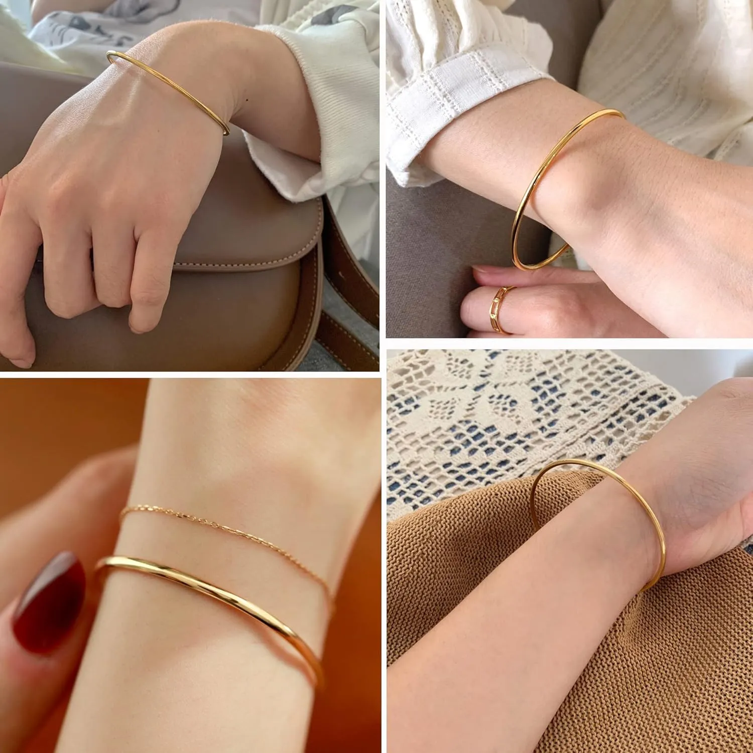 HAIAISO 2mm 14K Gold Plated Bracelet Stainless Steel Bangle Bracelet Stackable Thin Round Bangle Bracelet for Women Plain Polished Bracelet Couple Valentines Day Gifts