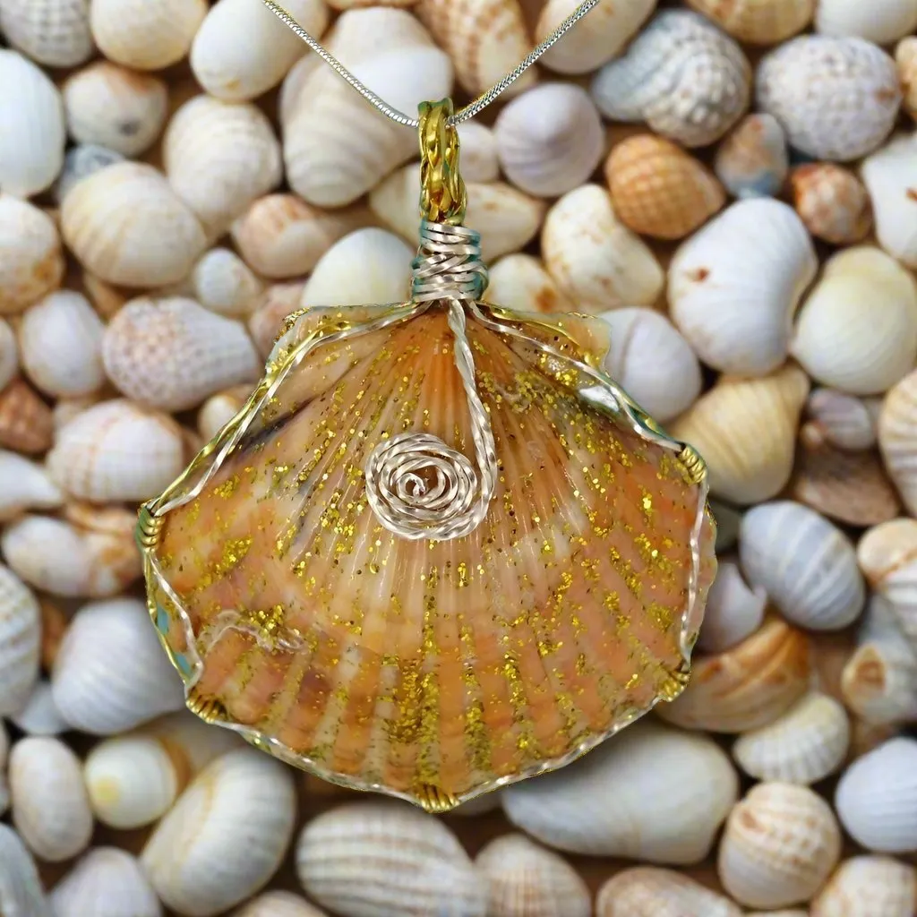 Handmade Pendant-Boho StyleLarge Orange/Gold Scallop Seashell Pendant with Glitter & Clear Glaze on Black Leather Rope