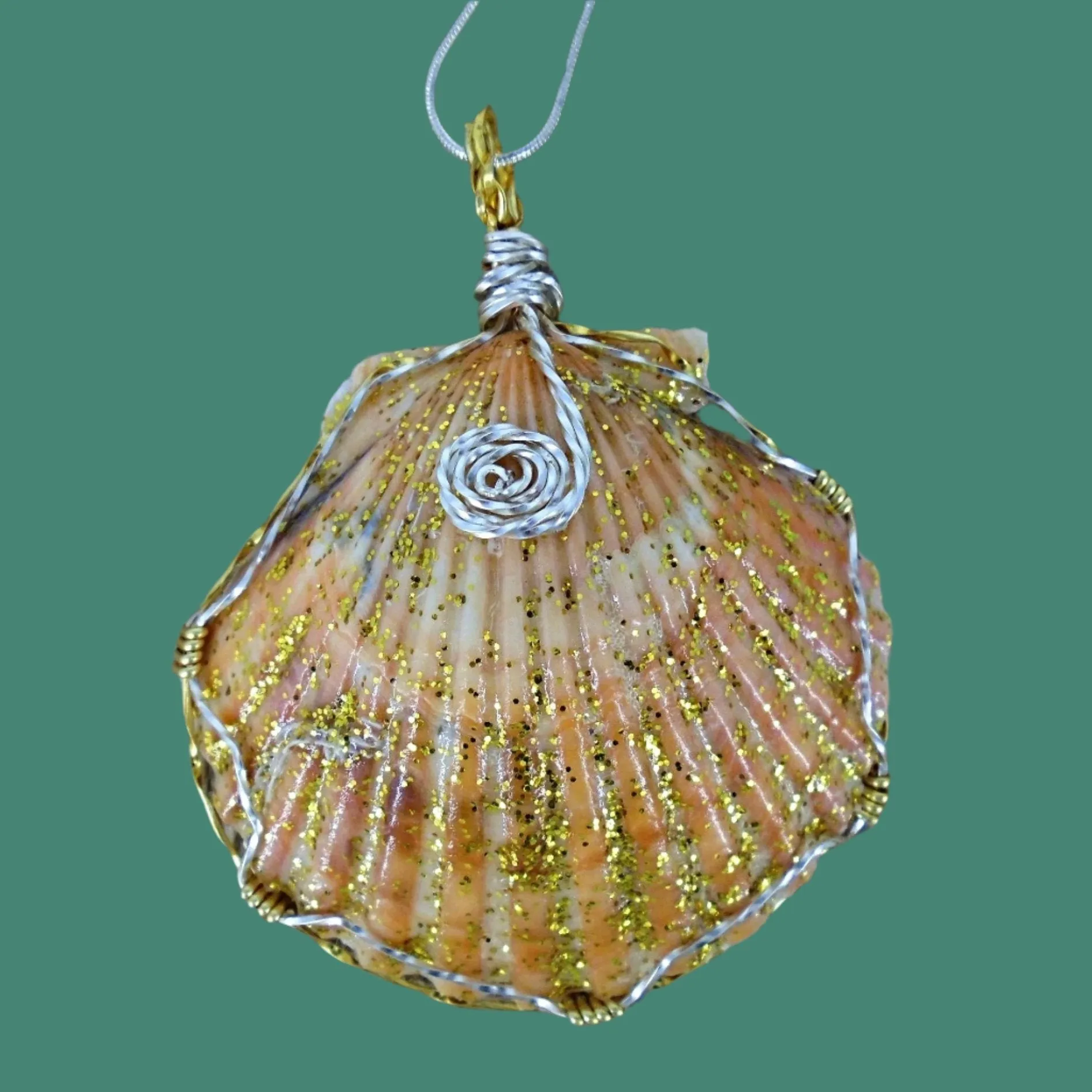 Handmade Pendant-Boho StyleLarge Orange/Gold Scallop Seashell Pendant with Glitter & Clear Glaze on Black Leather Rope