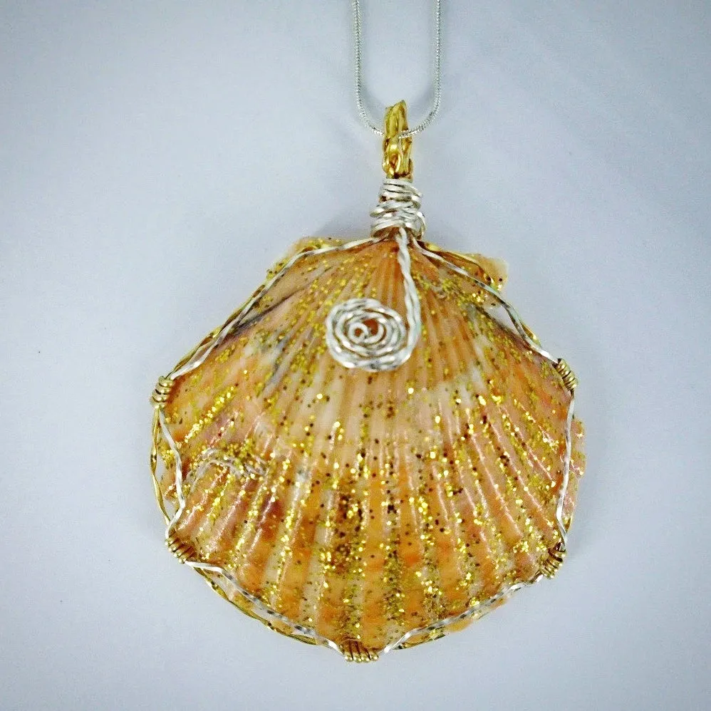 Handmade Pendant-Boho StyleLarge Orange/Gold Scallop Seashell Pendant with Glitter & Clear Glaze on Black Leather Rope