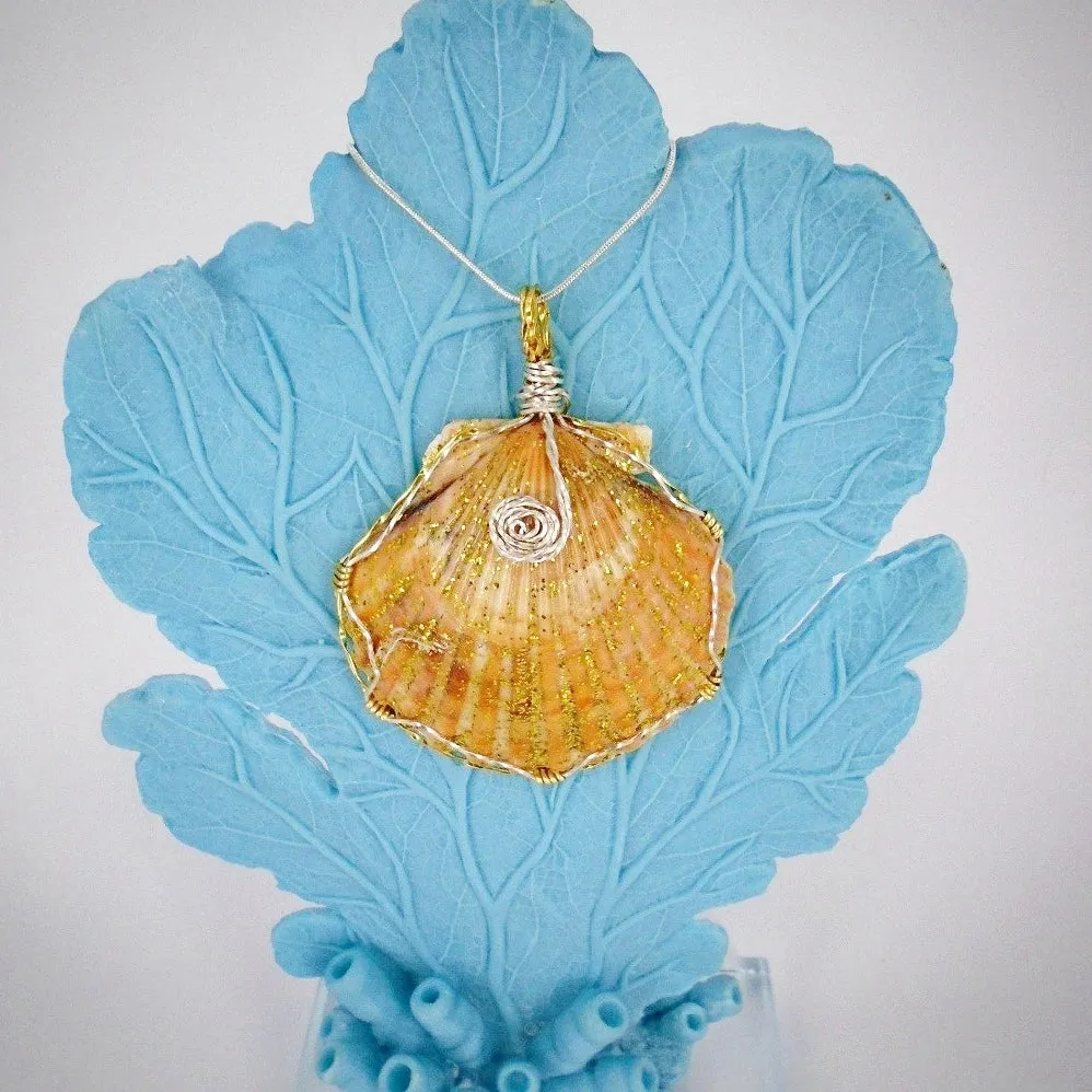 Handmade Pendant-Boho StyleLarge Orange/Gold Scallop Seashell Pendant with Glitter & Clear Glaze on Black Leather Rope