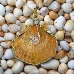 Handmade Pendant-Boho StyleLarge Orange/Gold Scallop Seashell Pendant with Glitter & Clear Glaze on Black Leather Rope