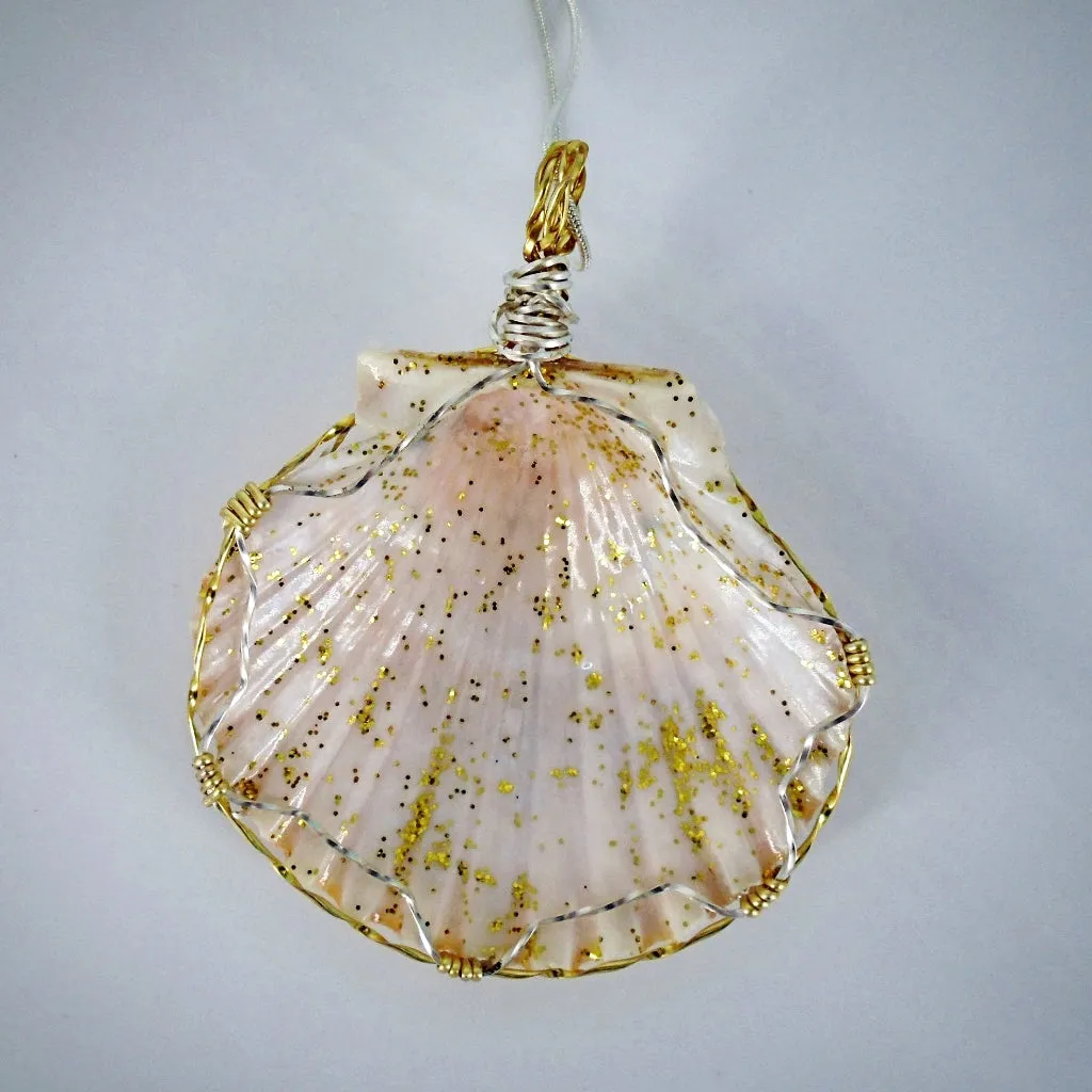 Handmade Pendant-Boho StyleLarge Orange/Gold Scallop Seashell Pendant with Glitter & Clear Glaze on Black Leather Rope