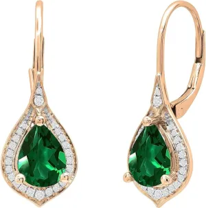 Handmade Real 925 Sterling Silver 14K Rose Gold Plated Round & Pear Cut White Diamond & Emerald Leverback Dangle Drop Earring Jewelry Gifts For a Beloved Women