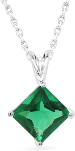 Handmade Real 925 Sterling Silver 14K White Gold Plated Princess Cut Green Emerald Single Gemstone Pendant Necklace Jewelry Christmas Gifts for Women