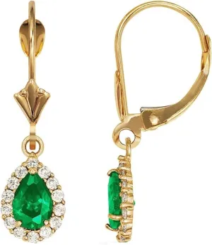 Handmade Real 925 Sterling Silver 14K Yellow Gold Plated Round & Pear Cut White Diamond & Emerald Leverback Dangle Drop Earring Jewelry Gifts For a Beloved Women