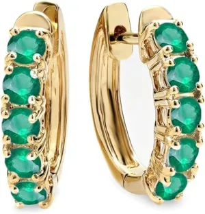 Handmade Real 925 Sterling Silver 14K Yellow Gold Plated Round Cut White Green Emerald Beautiful Snapback Huggie Hoop Earring Jewelry Wedding , Anniversary, Valentine's day, Birthday ,Christmas Gifts For a Beloved Women
