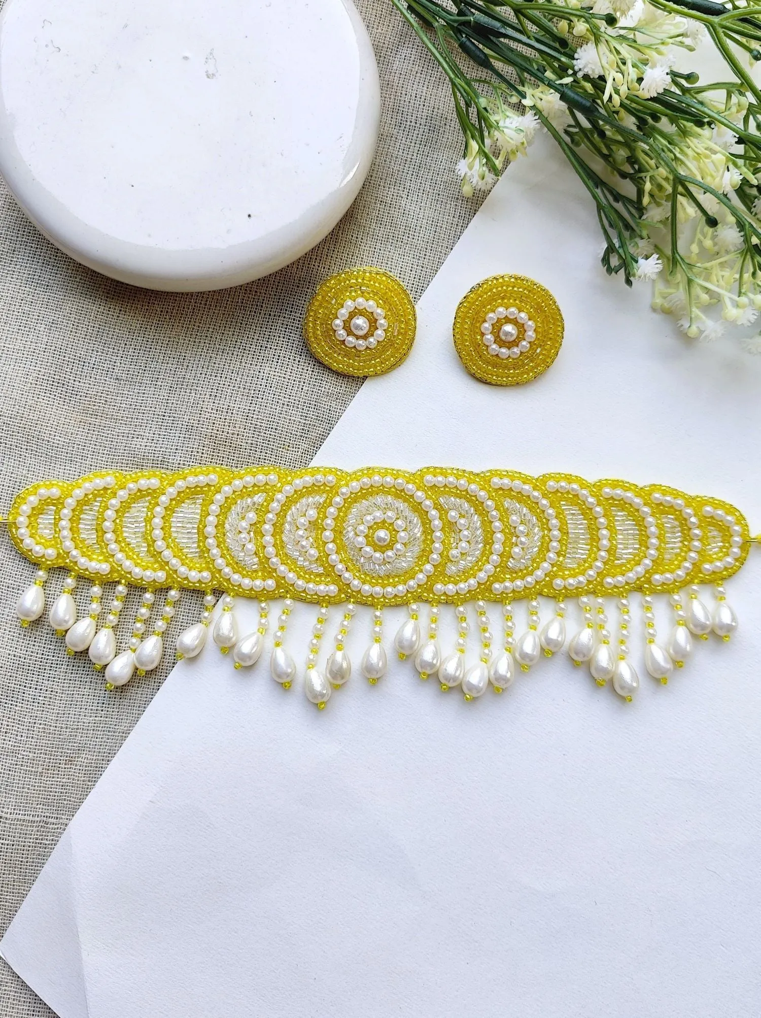Handmade Yellow & White Beaded Choker Jewellery Set for Haldi and Special Occasions