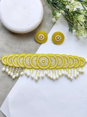 Handmade Yellow & White Beaded Choker Jewellery Set for Haldi and Special Occasions