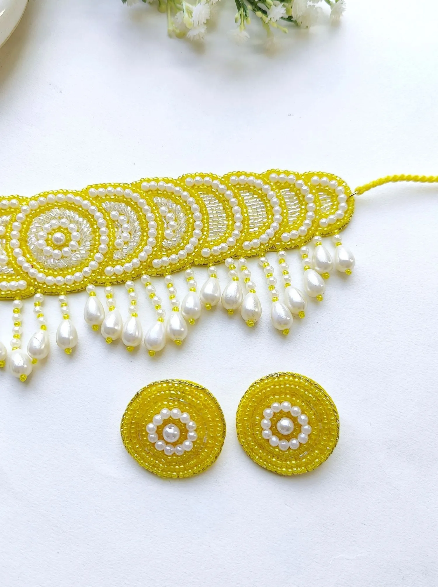 Handmade Yellow & White Beaded Choker Jewellery Set for Haldi and Special Occasions