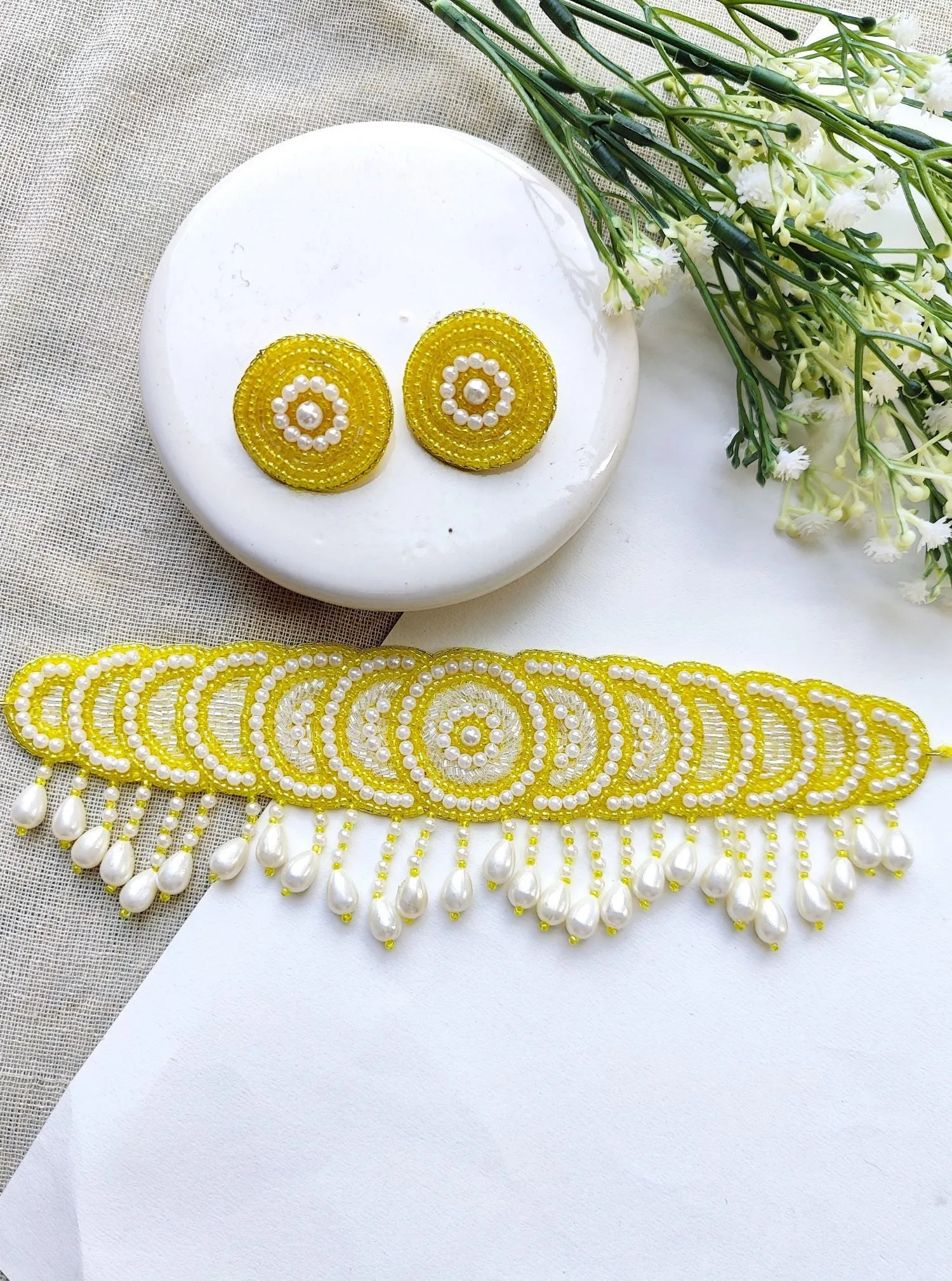 Handmade Yellow & White Beaded Choker Jewellery Set for Haldi and Special Occasions