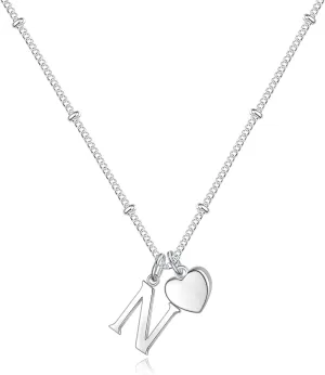 Heart Initial Necklaces for Girls - 925 Silver Necklace for Women Teen Girl Gifts Dainty Heart Pendant Silver Initial Necklaces for Women Jewelry