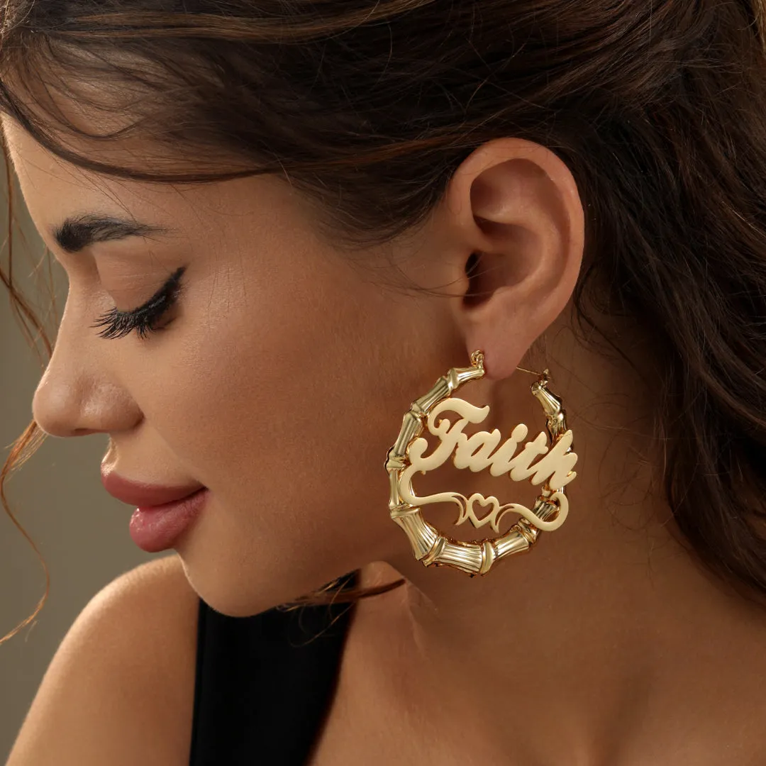 Heart Outline Bamboo Name Hoop Earrings