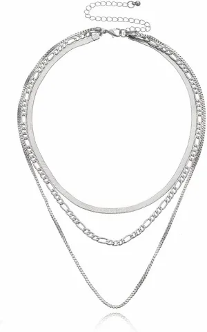 Herringbone Necklace for Women,Silver Plating Snake,Silver Chain Choker Necklaces,Dainty Siver Necklace,Simple Silver 3 Layered Necklaces,Silver Jewelry Gift for Women. (Silver)