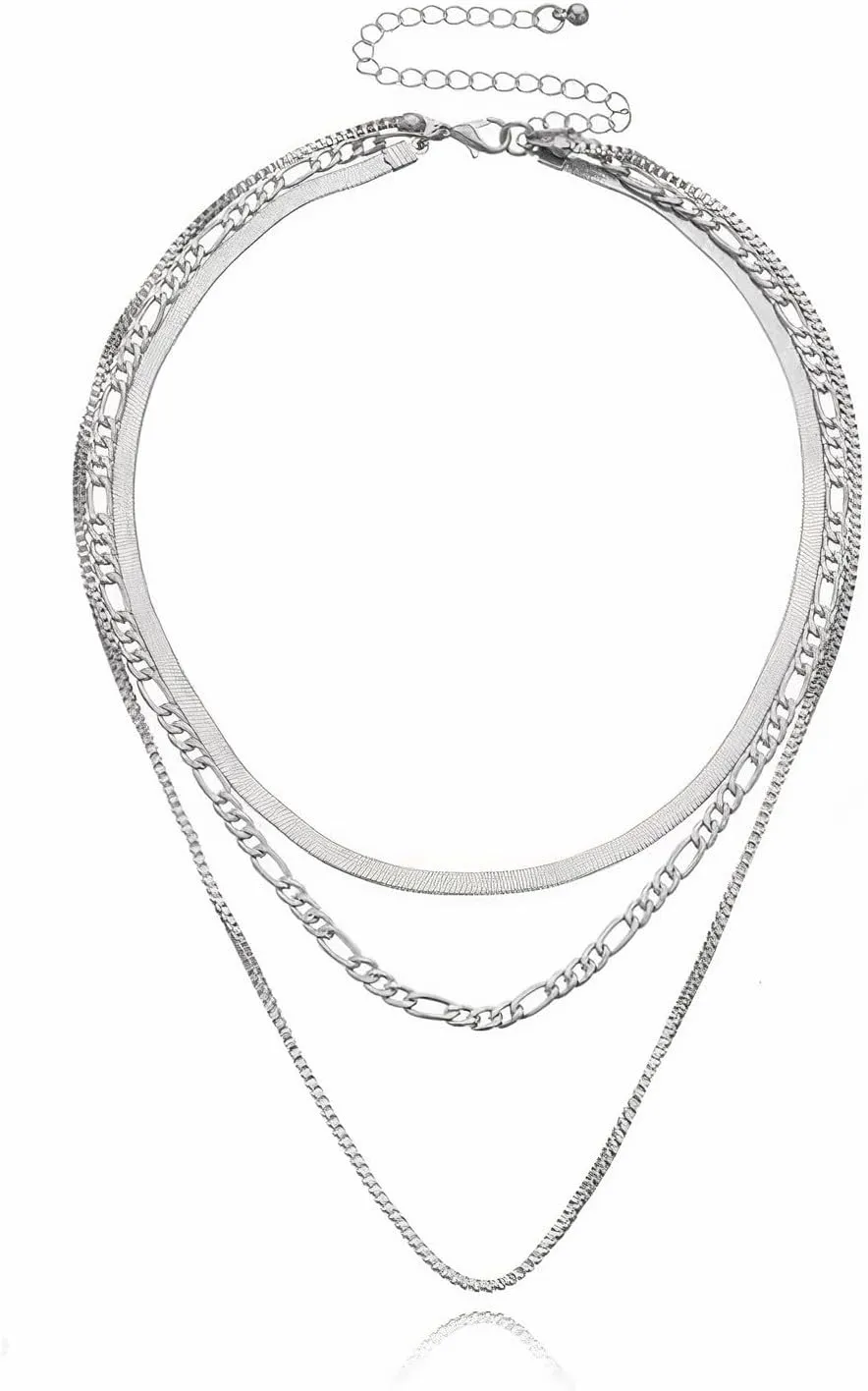 Herringbone Necklace for Women,Silver Plating Snake,Silver Chain Choker Necklaces,Dainty Siver Necklace,Simple Silver 3 Layered Necklaces,Silver Jewelry Gift for Women. (Silver)