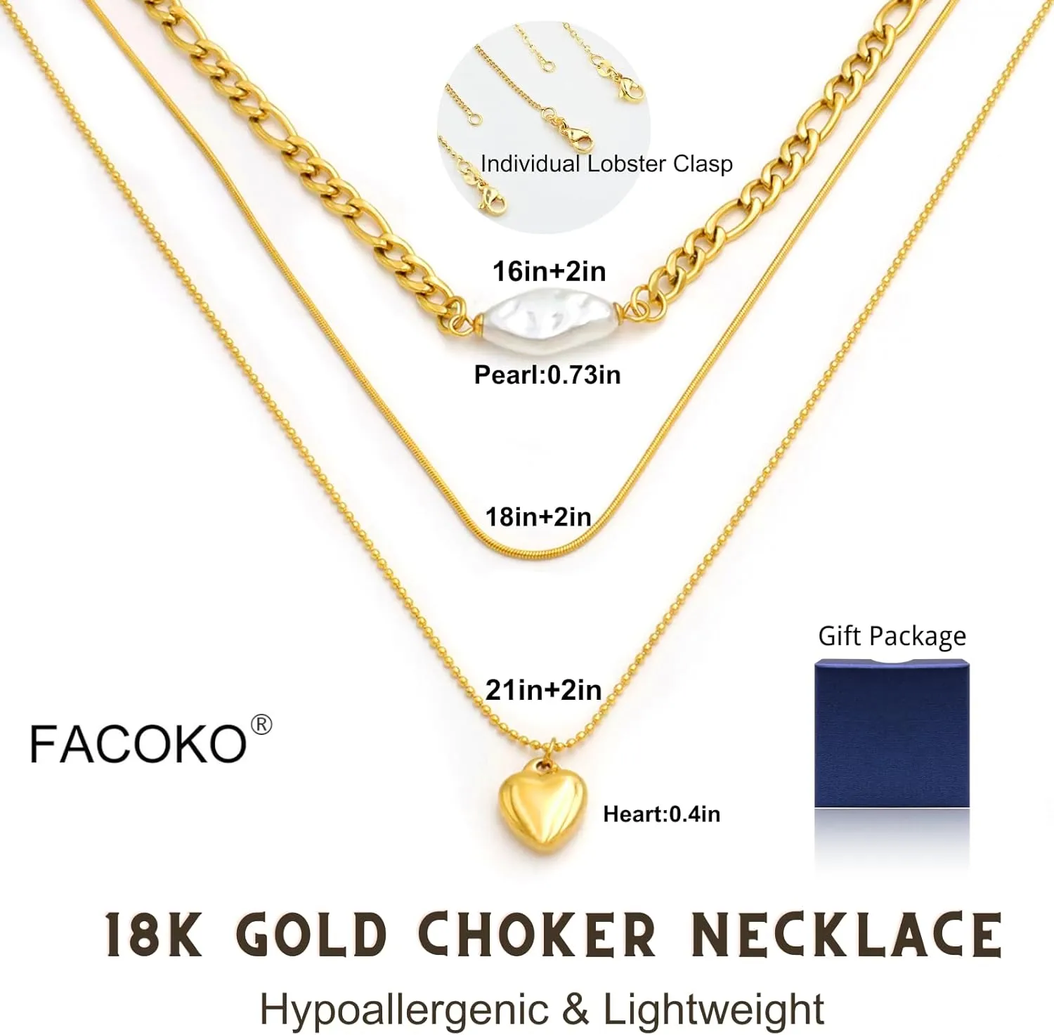 Herringbone Necklaces for Women, Hypoallergenic 18K Real Gold Plated Choker Necklace for Men Girls, 2Pcs Silver Necklace Set, Layering Necklaces(Individual Lobster Clasp)
