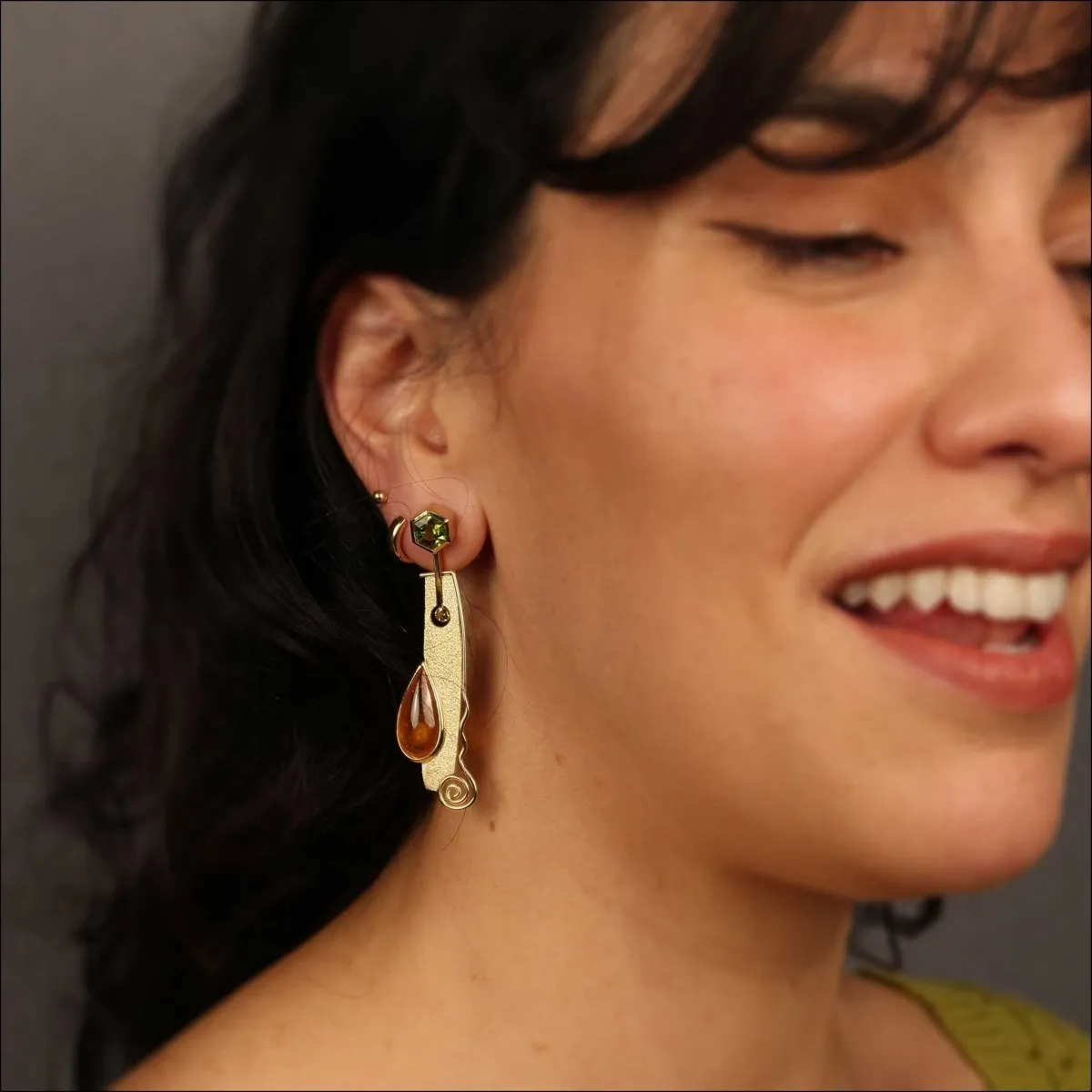 Hexagon Peridot Pear-Shaped Spessartine Garnet Yellow Beryl Earrings 18KY