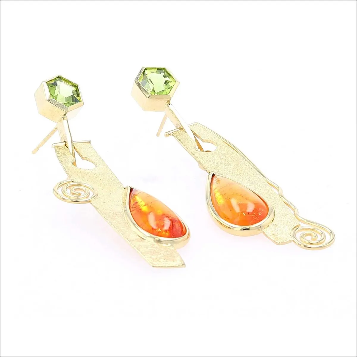 Hexagon Peridot Pear-Shaped Spessartine Garnet Yellow Beryl Earrings 18KY