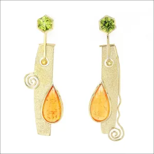 Hexagon Peridot Pear-Shaped Spessartine Garnet Yellow Beryl Earrings 18KY
