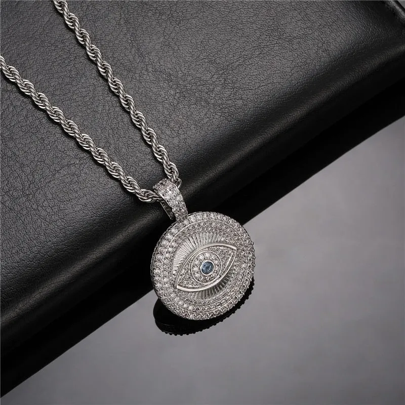HIP HOP ICED OUT EVIL EYE AAA  BLING CUBIC ZIRCONIA NECKLACES & PENDANTS FOR MEN WOMEN RAPPER JEWELRY WITH SOLID BACK