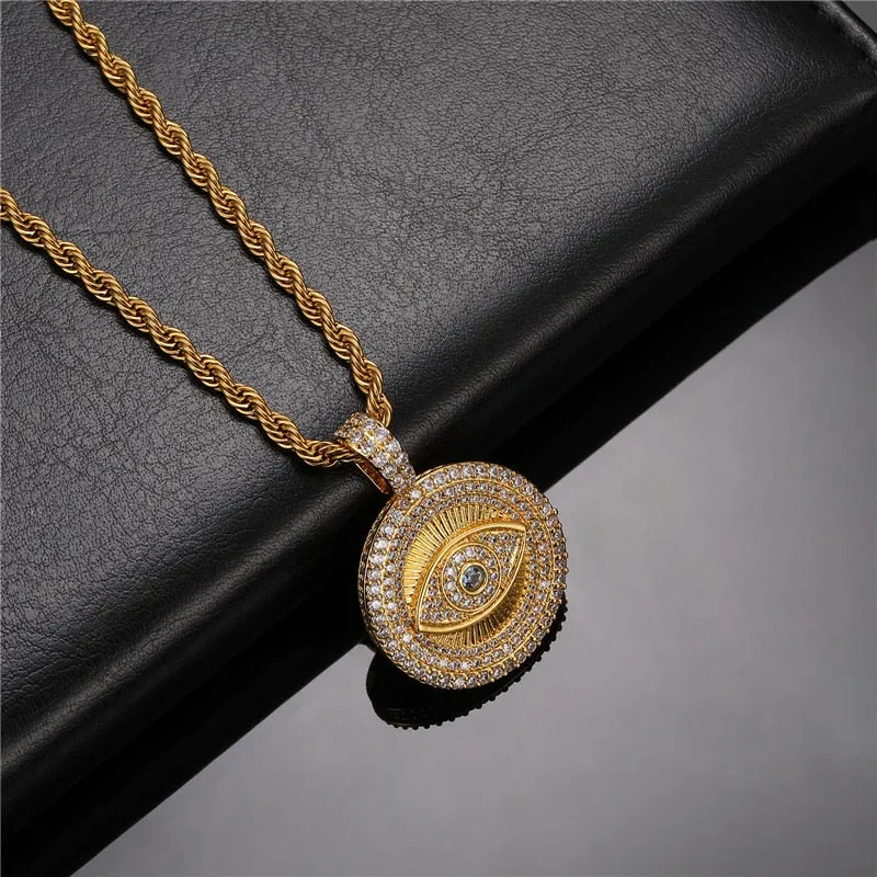 HIP HOP ICED OUT EVIL EYE AAA  BLING CUBIC ZIRCONIA NECKLACES & PENDANTS FOR MEN WOMEN RAPPER JEWELRY WITH SOLID BACK
