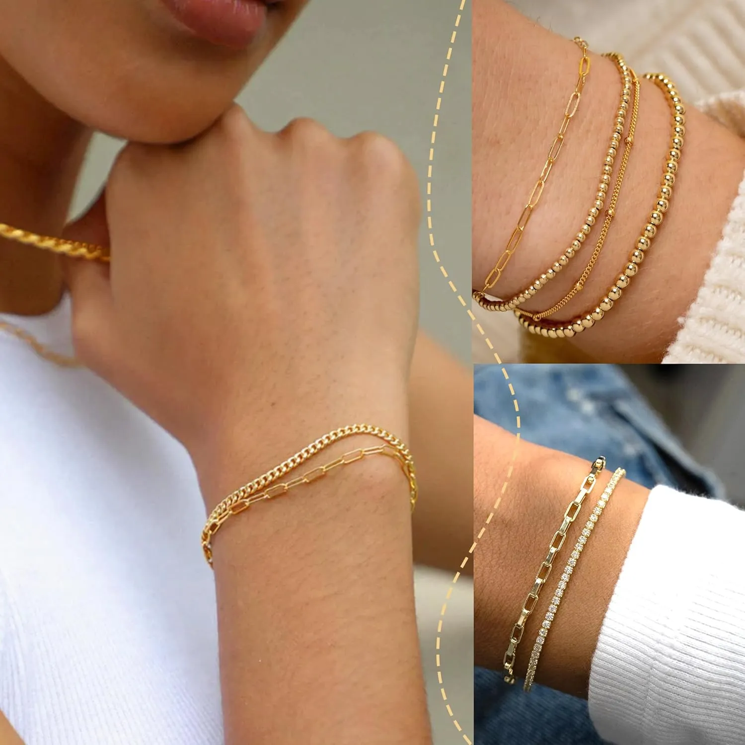 iF YOU Gold Bracelets for Women, 14K Gold Plated Stackable Bead Ball Cuban Link Paperclip Bracelets Bracelet Set, Layered Adjustable Bracelets for Women Waterproof Jewelry for Gift 5pc