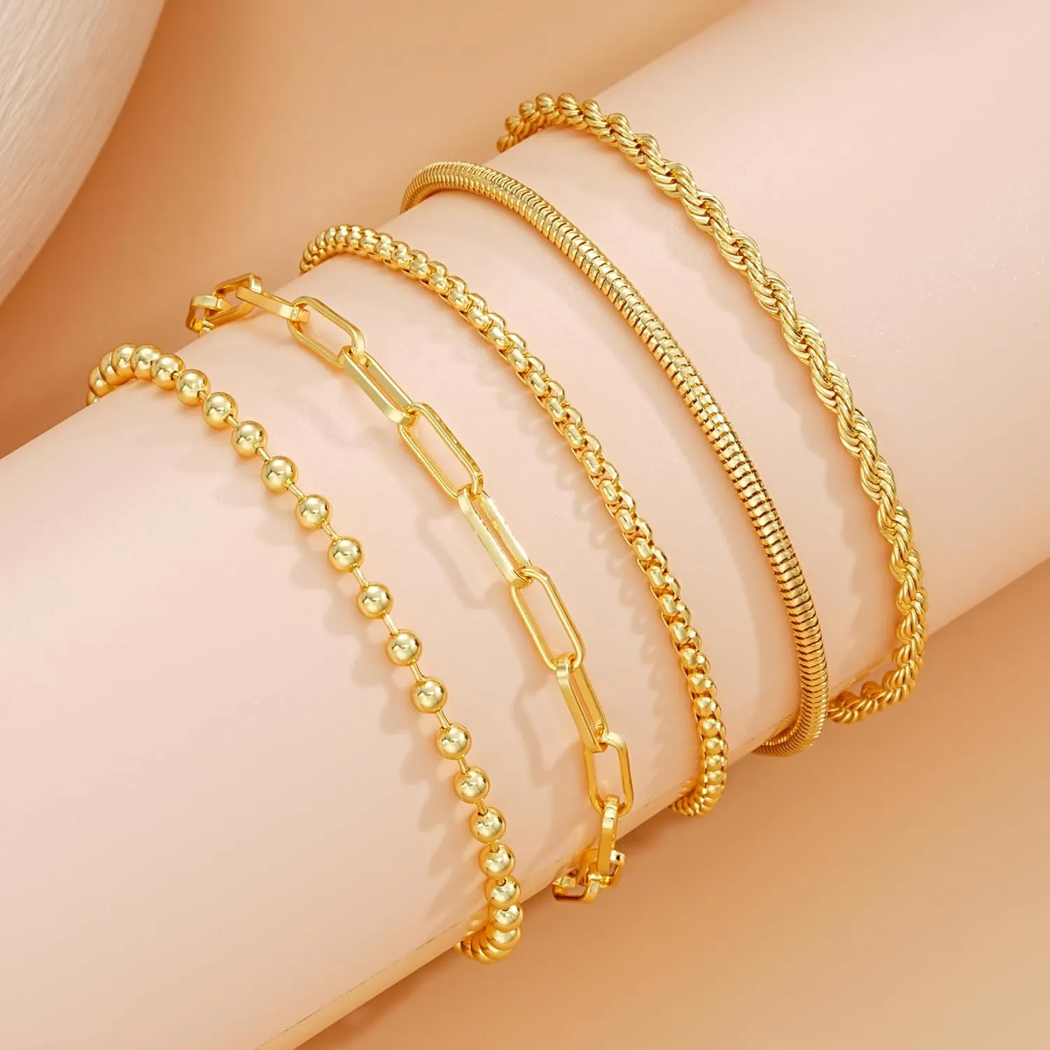 iF YOU Gold Bracelets for Women, 14K Gold Plated Stackable Bead Ball Cuban Link Paperclip Bracelets Bracelet Set, Layered Adjustable Bracelets for Women Waterproof Jewelry for Gift 5pc