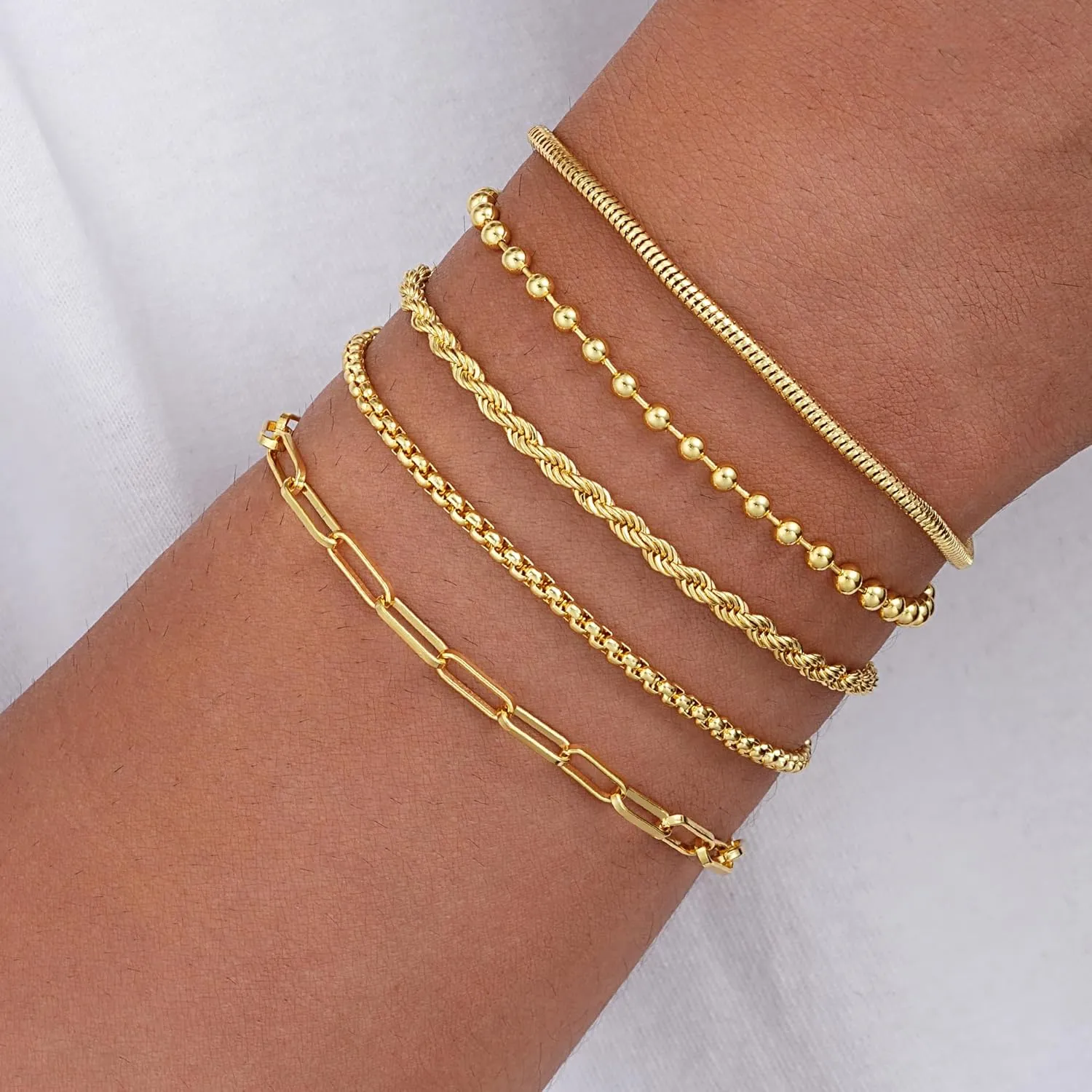 iF YOU Gold Bracelets for Women, 14K Gold Plated Stackable Bead Ball Cuban Link Paperclip Bracelets Bracelet Set, Layered Adjustable Bracelets for Women Waterproof Jewelry for Gift 5pc