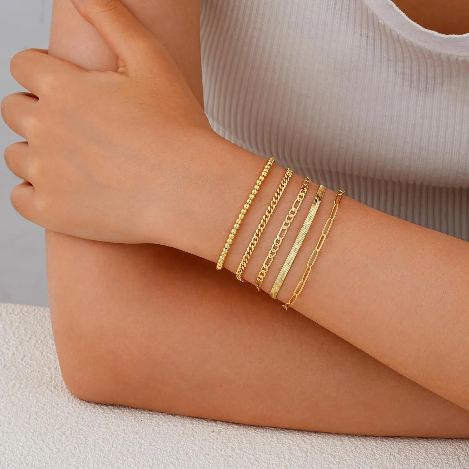 iF YOU Gold Bracelets for Women, 14K Gold Plated Stackable Bead Ball Cuban Link Paperclip Bracelets Bracelet Set, Layered Adjustable Bracelets for Women Waterproof Jewelry for Gift 5pc