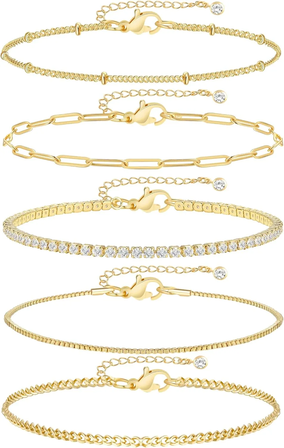 iF YOU Gold Bracelets for Women, 14K Gold Plated Stackable Bead Ball Cuban Link Paperclip Bracelets Bracelet Set, Layered Adjustable Bracelets for Women Waterproof Jewelry for Gift 5pc
