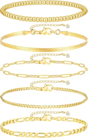 iF YOU Gold Bracelets for Women, 14K Gold Plated Stackable Bead Ball Cuban Link Paperclip Bracelets Bracelet Set, Layered Adjustable Bracelets for Women Waterproof Jewelry for Gift 5pc