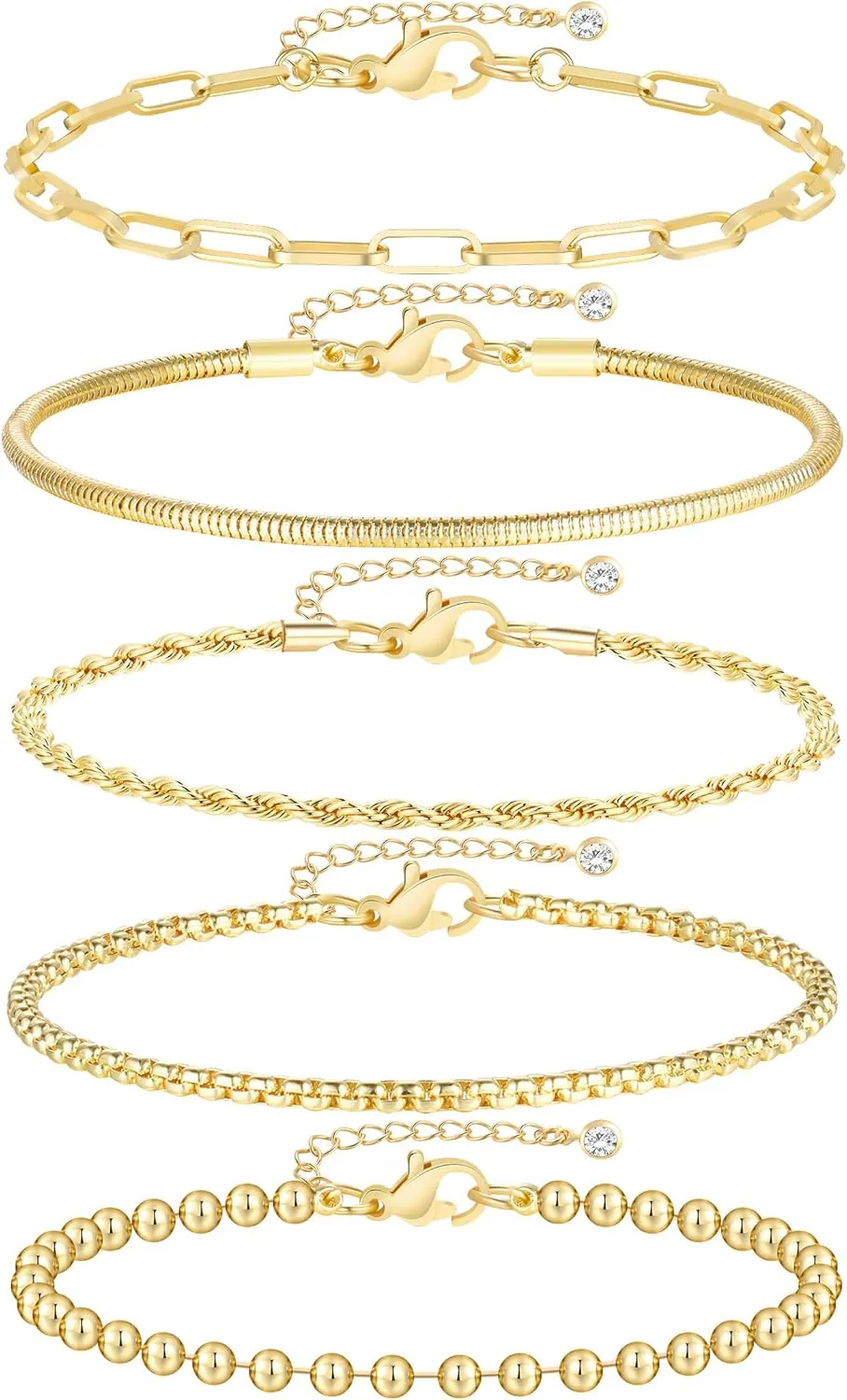 iF YOU Gold Bracelets for Women, 14K Gold Plated Stackable Bead Ball Cuban Link Paperclip Bracelets Bracelet Set, Layered Adjustable Bracelets for Women Waterproof Jewelry for Gift 5pc