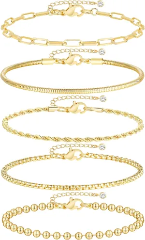 iF YOU Gold Bracelets for Women, 14K Gold Plated Stackable Bead Ball Cuban Link Paperclip Bracelets Bracelet Set, Layered Adjustable Bracelets for Women Waterproof Jewelry for Gift 5pc