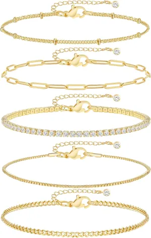 iF YOU Gold Bracelets for Women, 14K Gold Plated Stackable Bead Ball Cuban Link Paperclip Bracelets Bracelet Set, Layered Adjustable Bracelets for Women Waterproof Jewelry for Gift 5pc