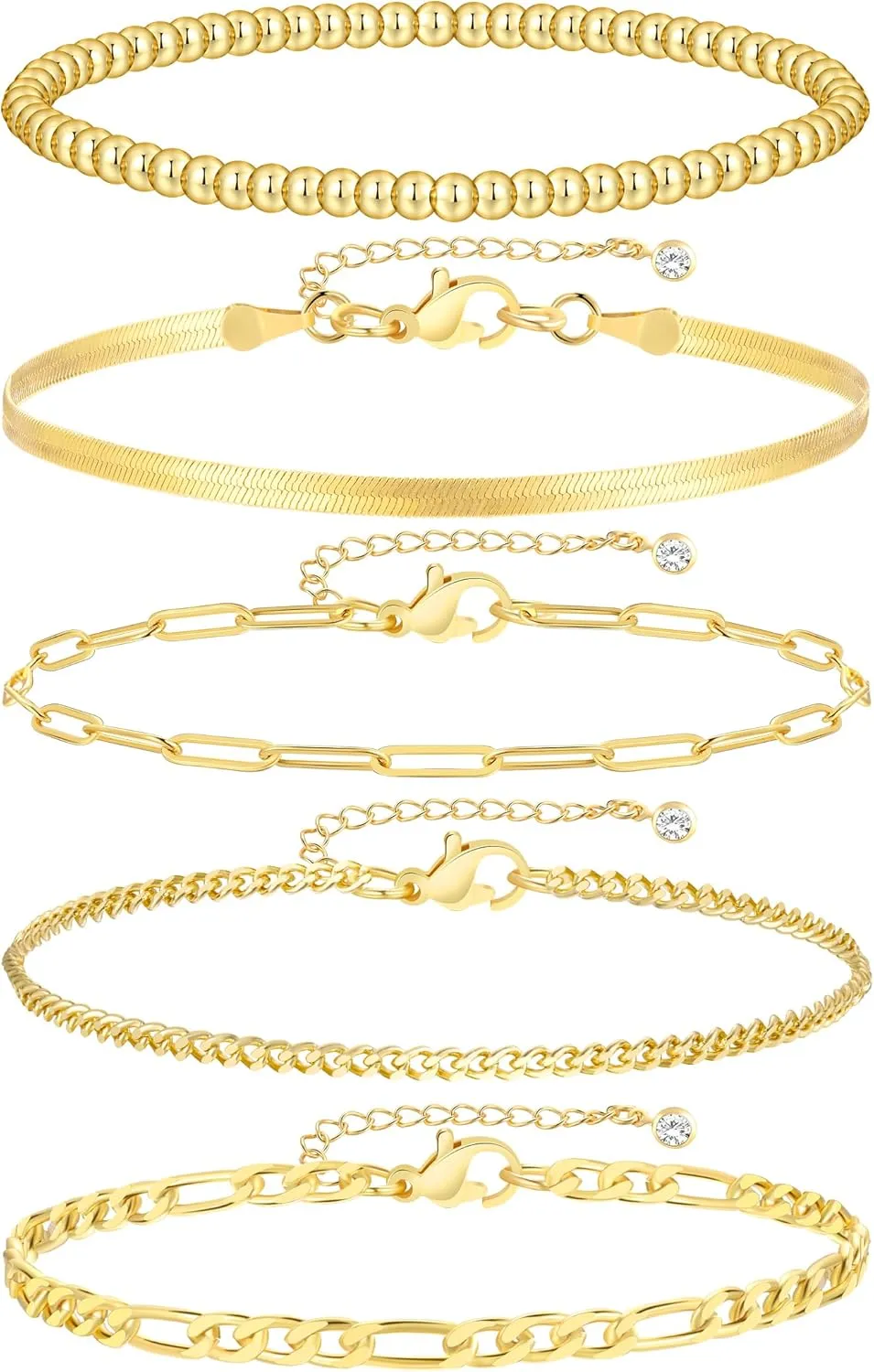 iF YOU Gold Bracelets for Women, 14K Gold Plated Stackable Bead Ball Cuban Link Paperclip Bracelets Bracelet Set, Layered Adjustable Bracelets for Women Waterproof Jewelry for Gift 5pc