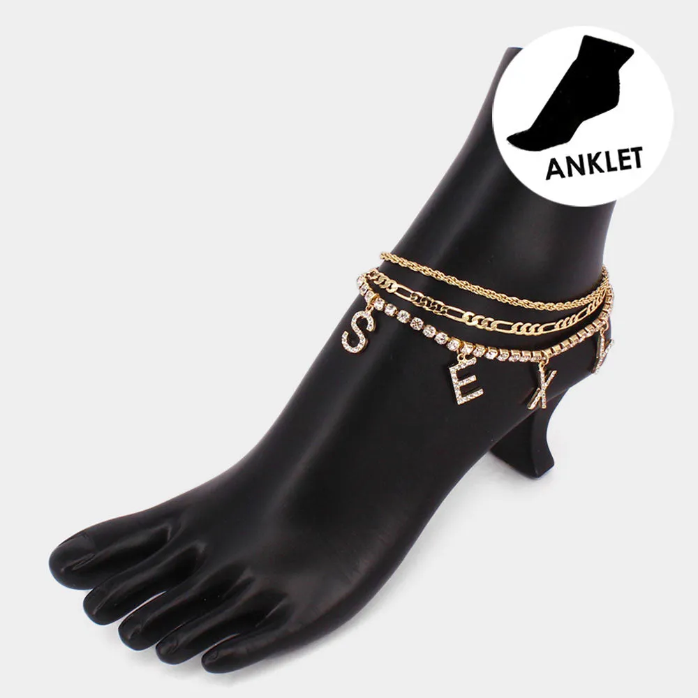 iLLASPARKZ 3PCS - SEXY Rhinestone Embellished Message Charm Metal Chain Anklets