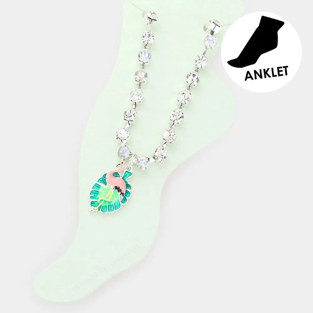 iLLASPARKZ Enamel Flamingo Tropical Leaf Charm Round Stone Anklet