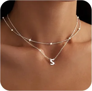 Initial Necklaces for Women 14K Gold Silver Plated Letter Jewelry Non Tarnish Layered Dainty Cute A-Z Pendant Choker Necklace Waterproof Trendy Name Necklace Personalized Jewelry Gift for Women