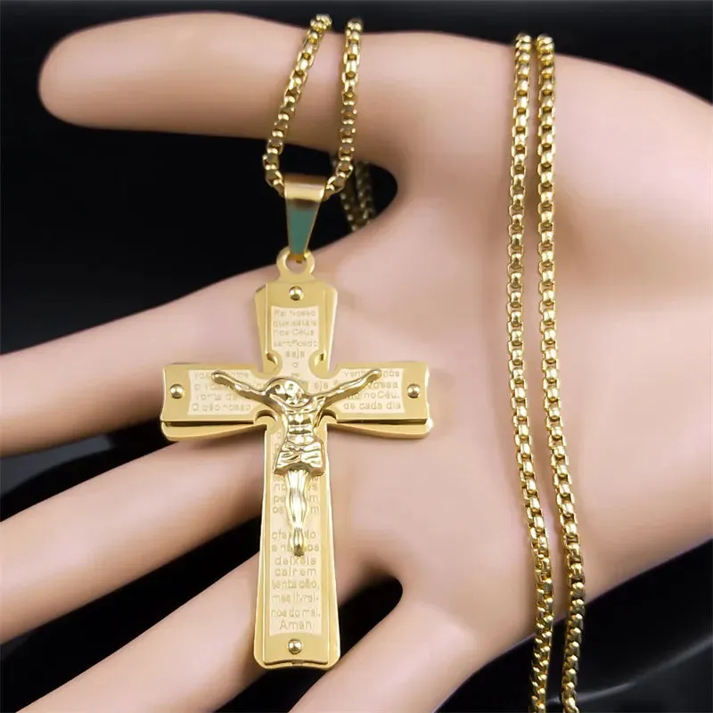 Jesus Crucifixion Cross Necklace for Women Men Gold Color Stainless Steel Christian Necklace
