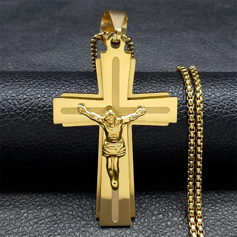 Jesus Crucifixion Cross Necklace for Women Men Gold Color Stainless Steel Christian Necklace